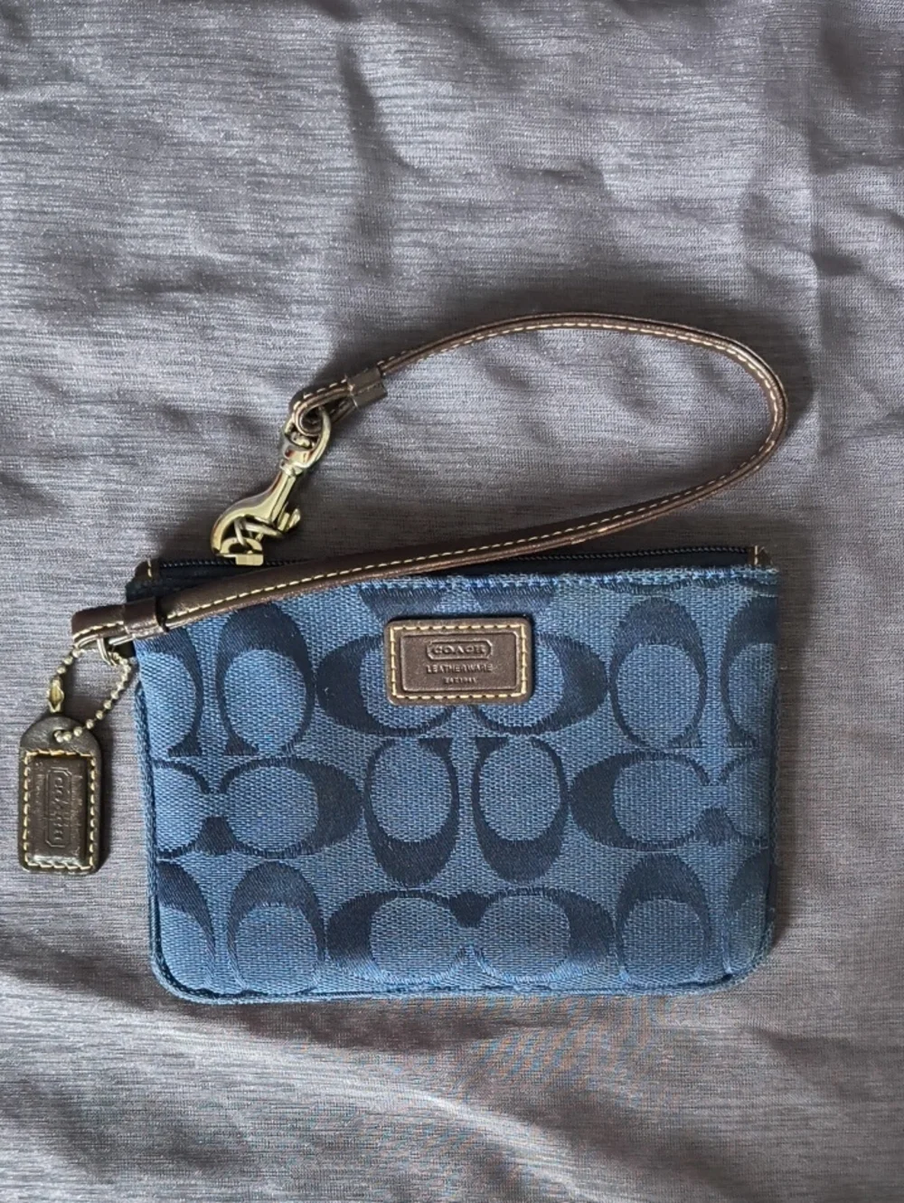 Coach Blue Signature Canvas Wristlet with Brown Leather Strap